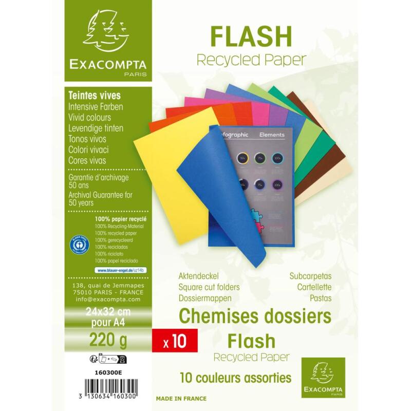 Paquet de 10 chemises FLASH 220 100% recyclé - 24 x 32 cm - Couleurs assorties