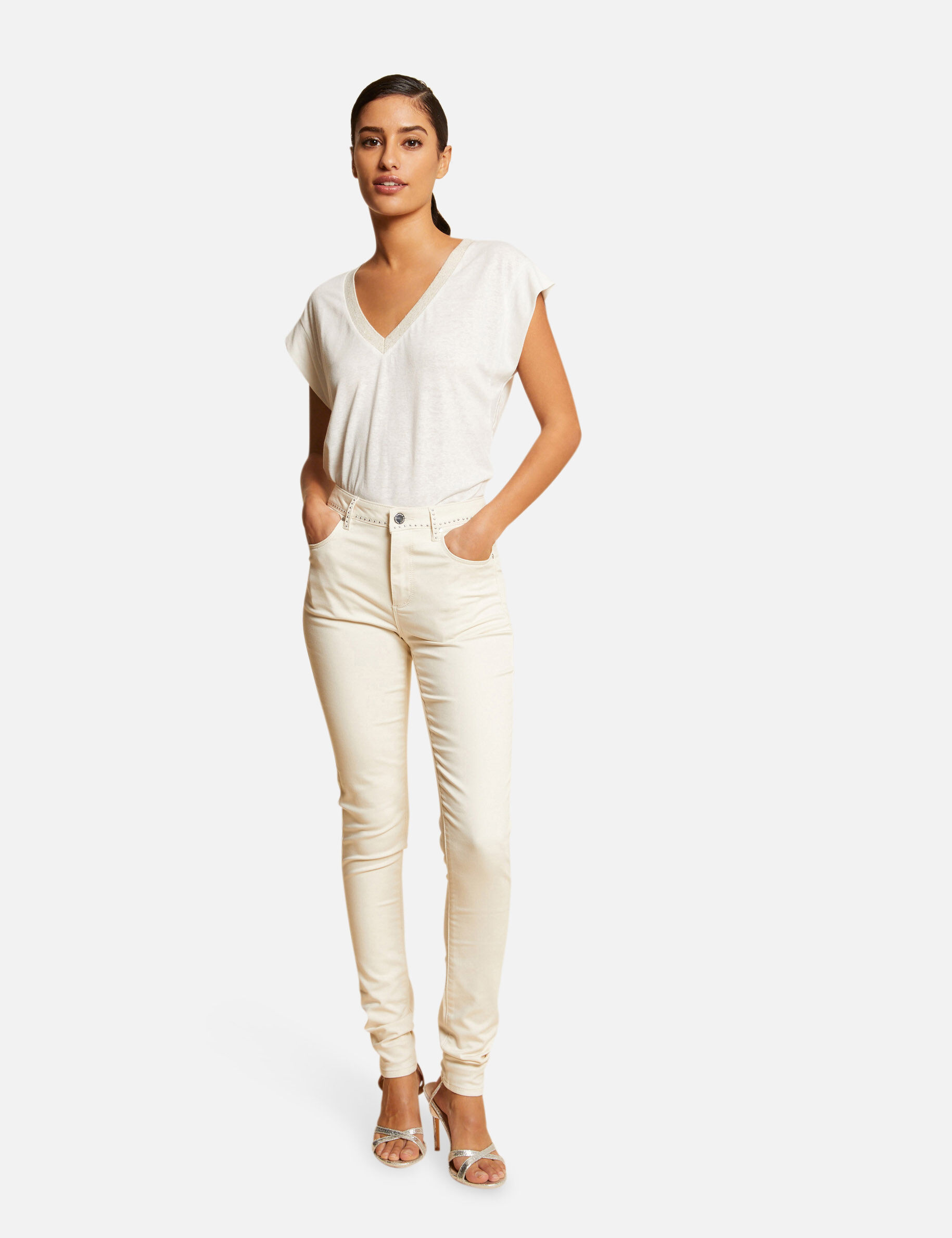 Pantalon slim avec clous ivoire femme - ivoire