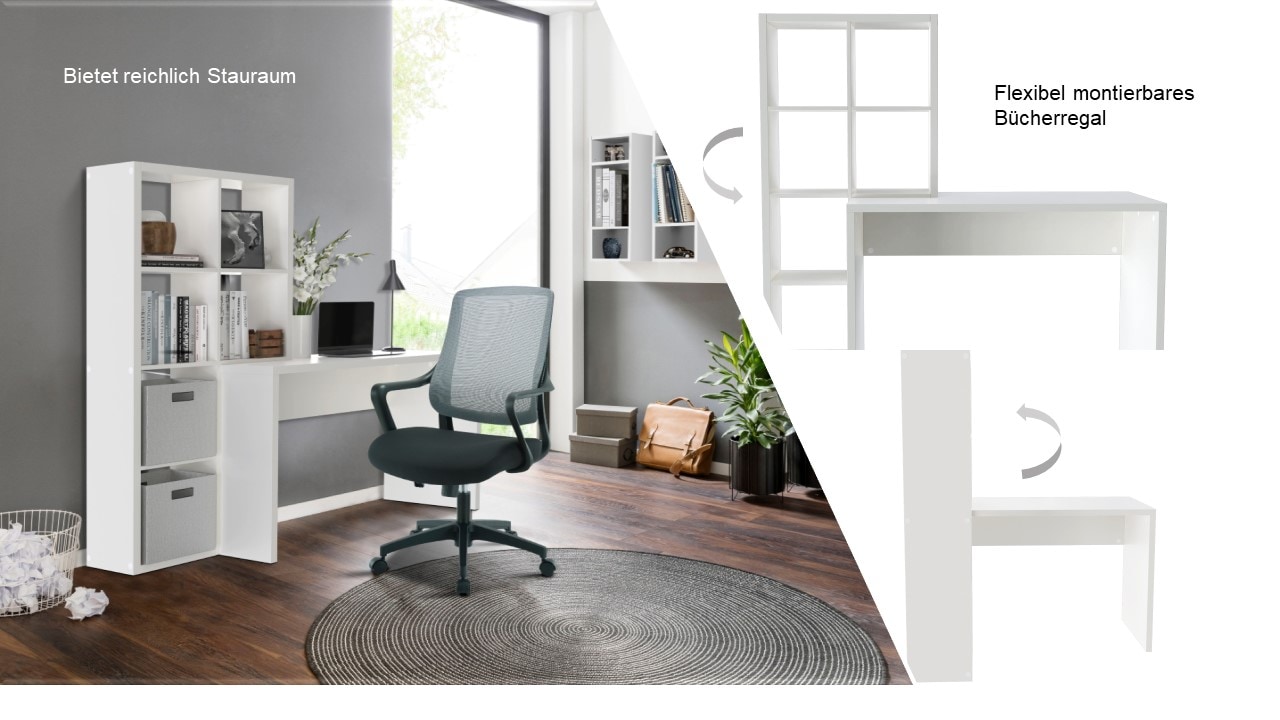 INOSIGN Regal-Schreibtisch »Triest, Computertisch mit Raumtrenner, Breite 156 cm« , Regalelement flexibel montierbar, 6 Fächer, Tischbreite 120 cm