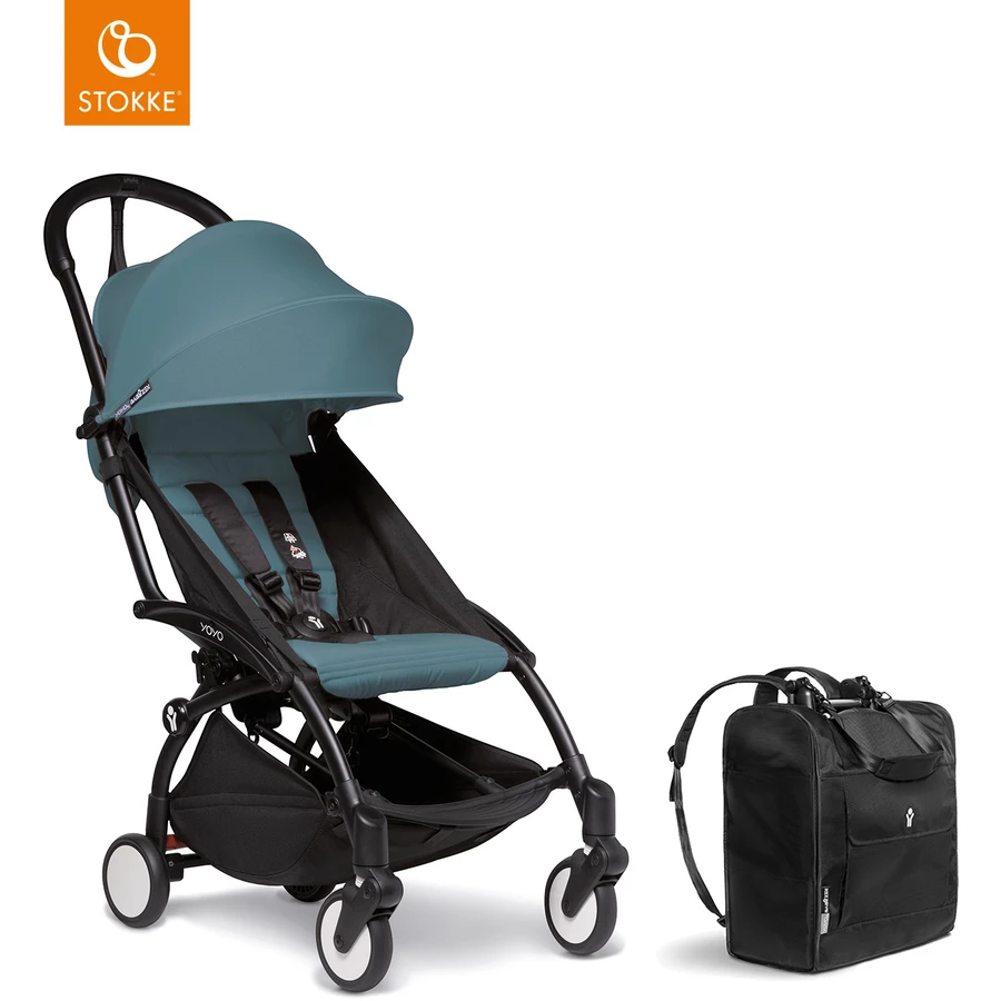 BABYZEN Kinderwagen YOYO2 6+ Black mit Textilset Aqua und Backpack YOYO Black