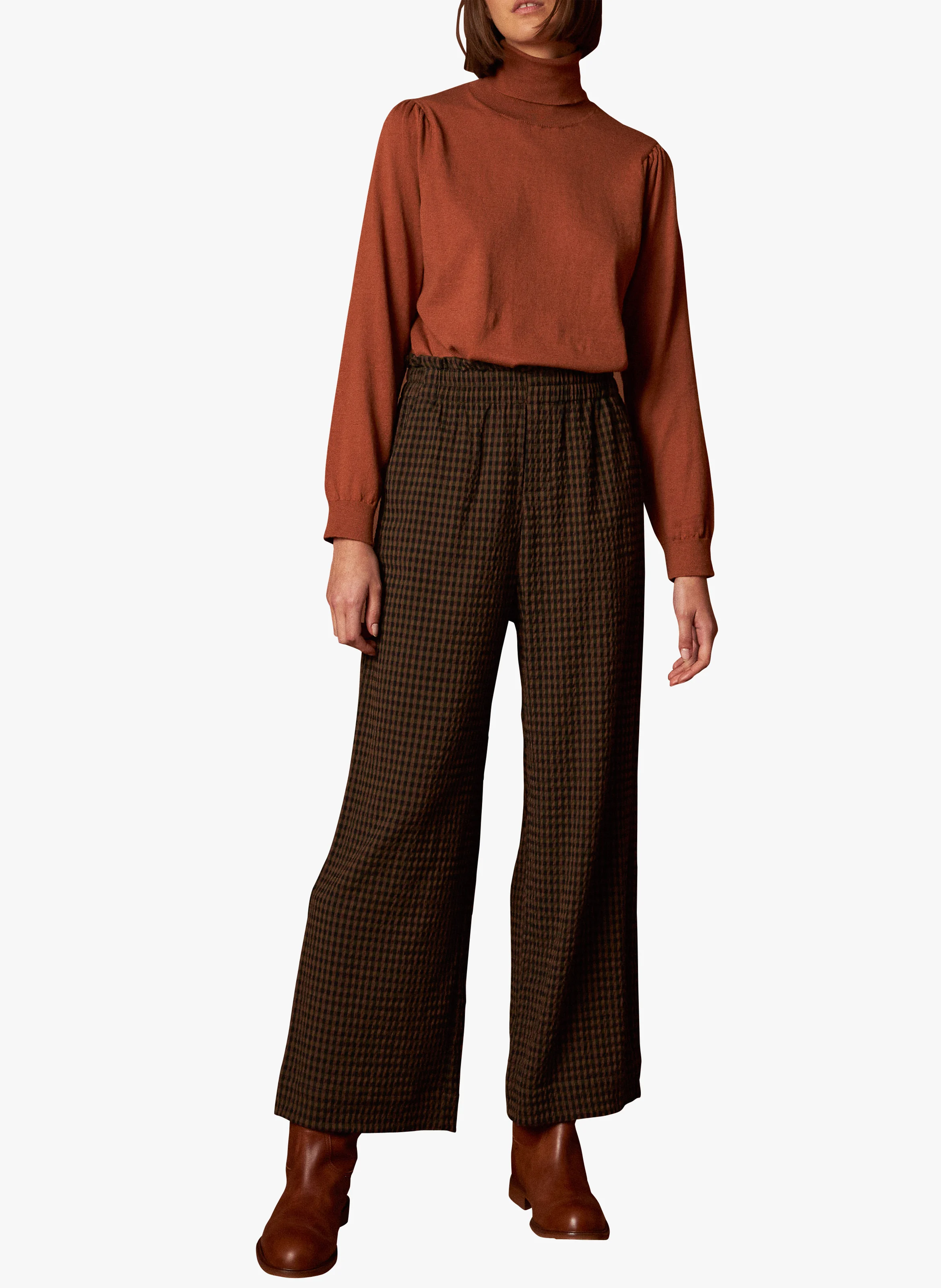 Pantalon large à carreaux| Marron