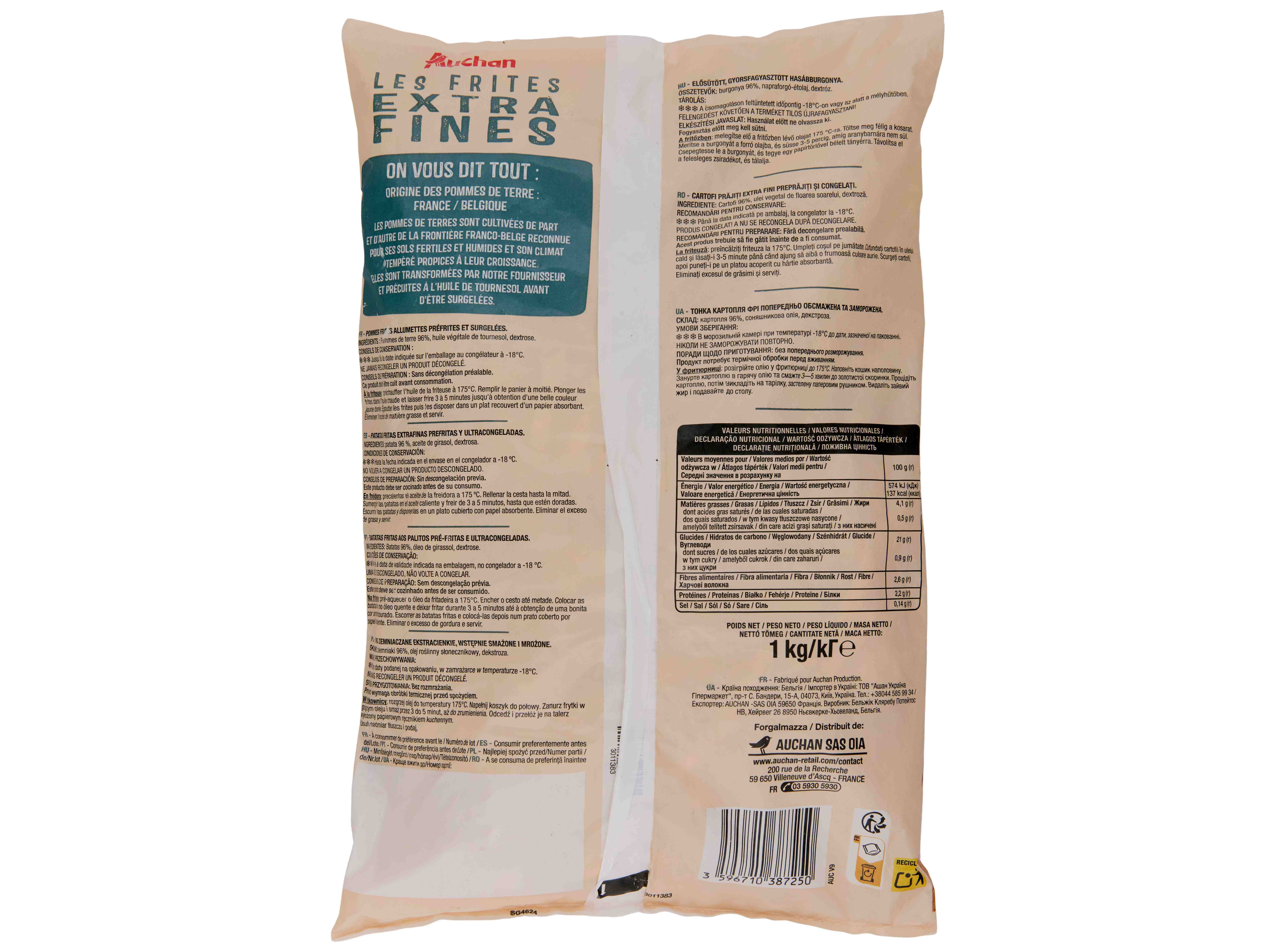 BATATAS AUCHAN PRÉ-FRITAS PALITOS EXTRAFINAS GIRASSOL 1KG
