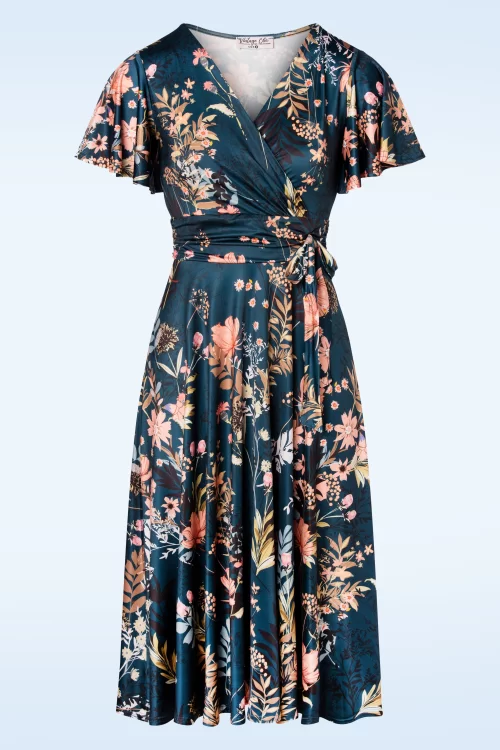 Vintage Chic for Topvintage Irene overslag swingjurk met bloemenprint in petrol blauw