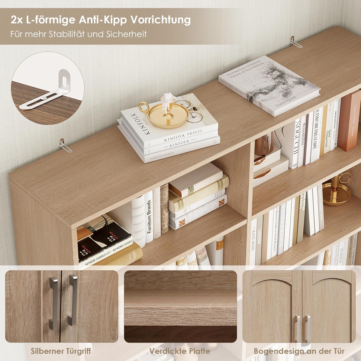 FirFurd 185,5 cm Bücherregal Bücherschrank mit Türen Regal 12 Fächern Vitrinenschrank Standregal Hochschrank für Wohnzimmer Büro Küche 115 x 27 x 185,5 cm Eiche