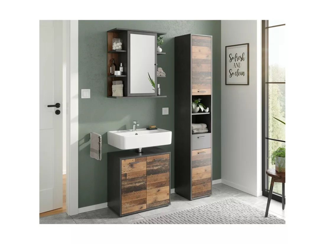 Meuble Haut de Salle de Bain 1 Porte Miroir et 6 Niches - Madoc