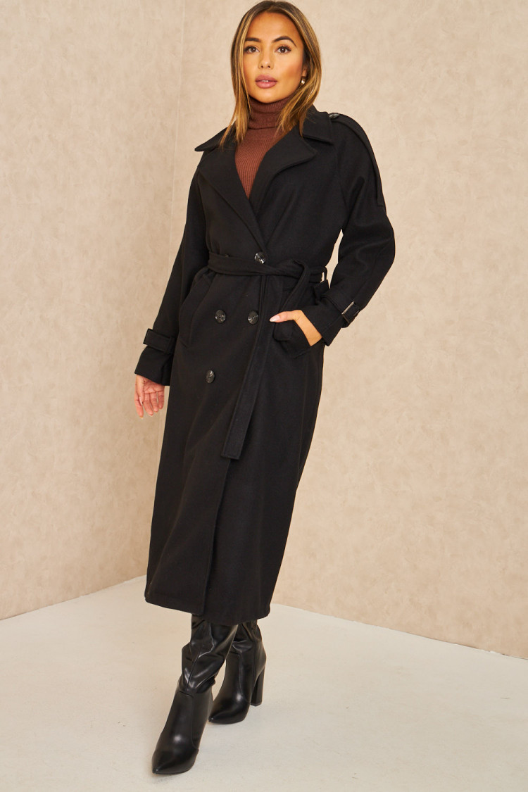 Manteau long duveteux style trench noir