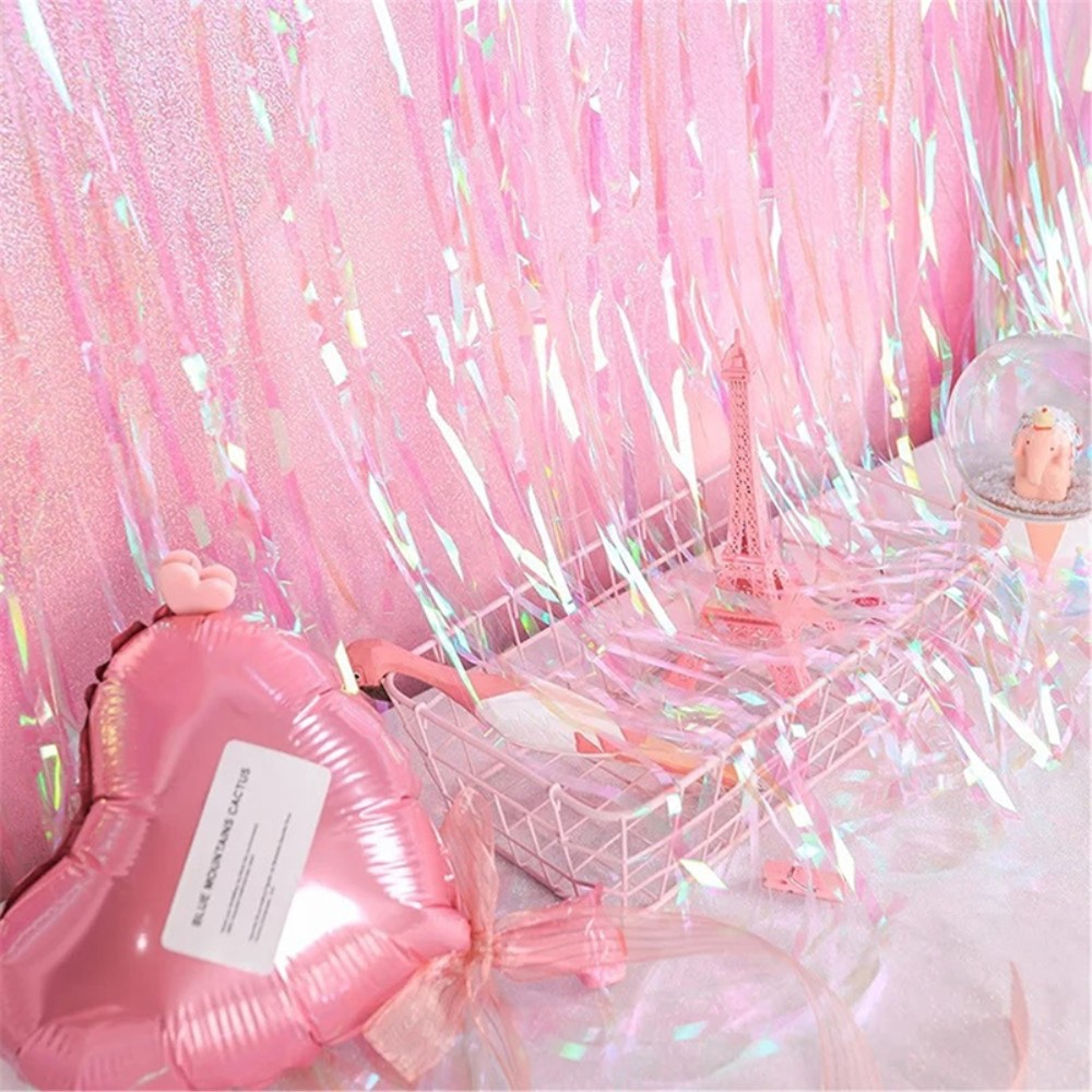 (2x1m) Party Deko Holographischer Lametta Vorhang Glänzender Fransen Vorhang Foto Hintergrund - Rosa / Grün
