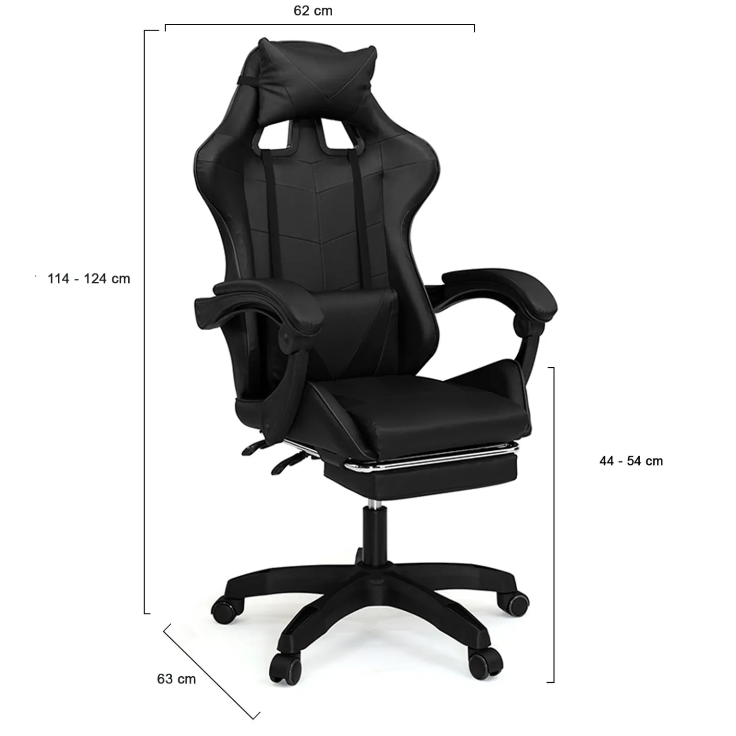 Fauteuil de gaming ALEX réglable avec repose-pied, coussin de tête et coussin lombaire noir