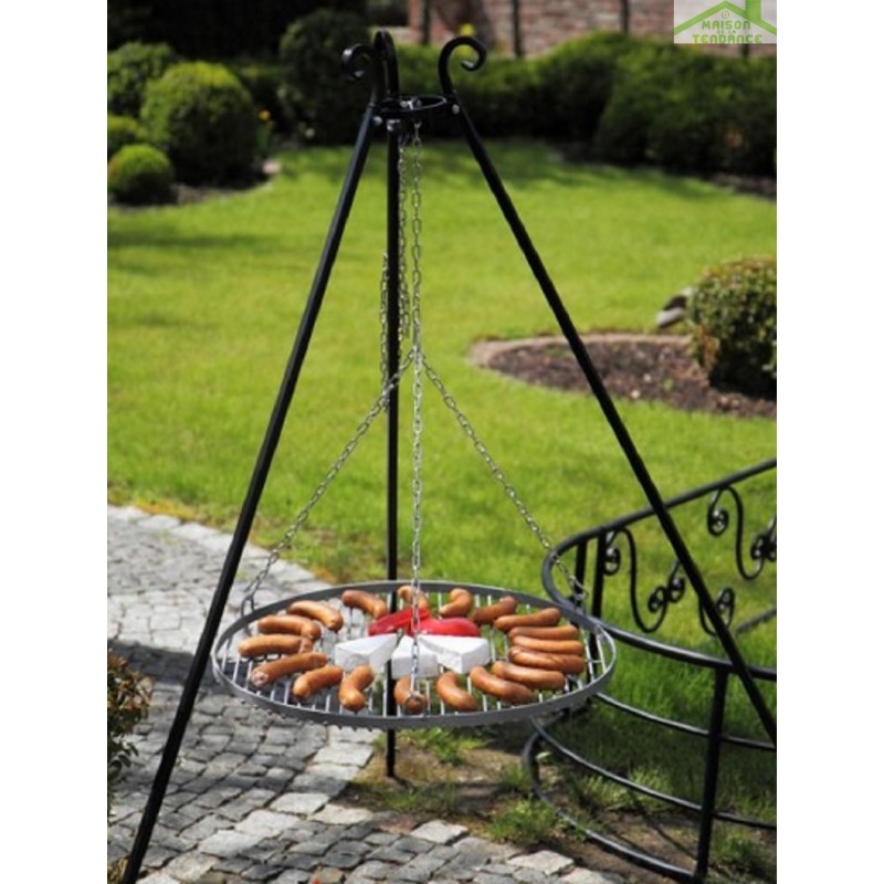 Barbecue grille de cuisson suspendu en acier 50 cm sur trépied 180 cm