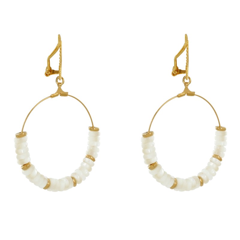 Boucles d'Oreilles Clip Laiton Doré Cercle et Petits Anneaux de Nacre