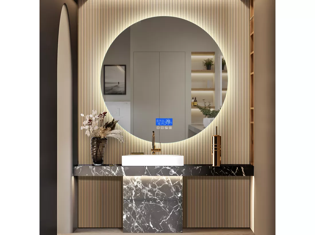 Miroir de salle de bain désembué sans cadre affichage de la température, 3 niveaux de luminosité, rond, diamètre 100cm