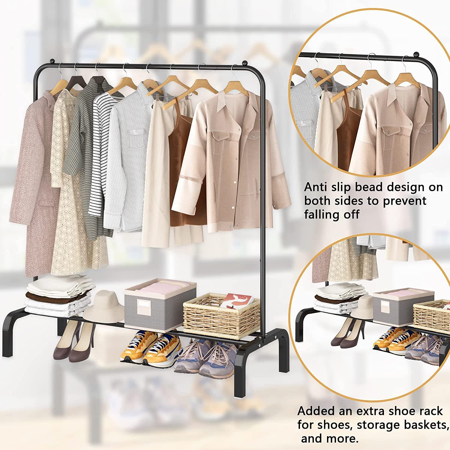 (150x110cm) Metall Kleiderstange Freistehender Kleiderständer Garderobe inkl. Schuh Ablage - Schwarz
