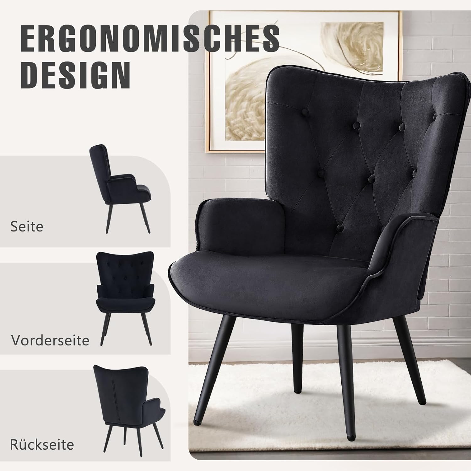 Ohrensessel Sessel Wohnzimmer 2er Set, Skandinavischer Stil Relaxsessel Samt mit Hoher Rückenlehne Loungesessel Polstersessel fürs Wohnzimmer Schlafzimmer Arbeitszimmer, Schwarz
