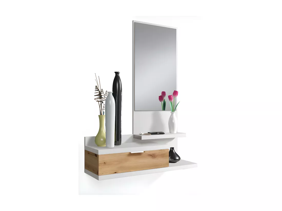 Meuble d'entrée + miroir Blanc/Chêne - IROLA - L 81 x l 29 x H 116 cm