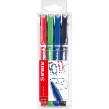 Fineliner mit gefederter Spitze - STABILO SENSOR F - My STABILO Journal - fein - 4er Pack - rot, grün, blau, schwarz