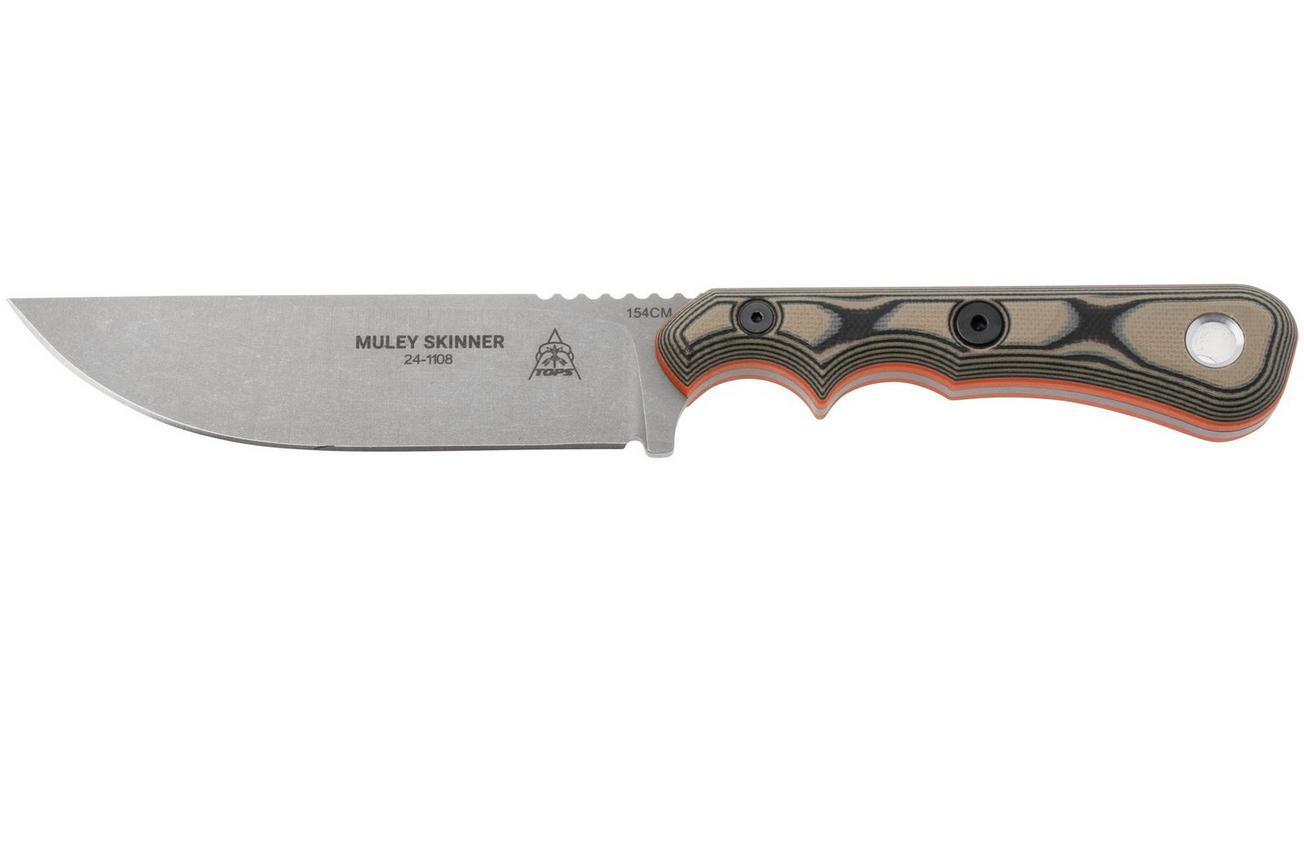 TOPS Knives Muley Skinner MSKIN-01, 154CM Tumble Finish, Tan Black G10, jachtmes, Leo Espinoza design