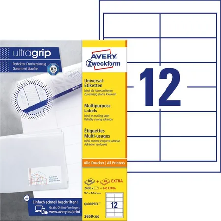 Avery Zweckform 3659-200 Universal-Etiketten,A4 mit ultragrip,Adressaufkleber 97 x 42,3 mm, 220 Bogen/2.640 Etiketten, weiß