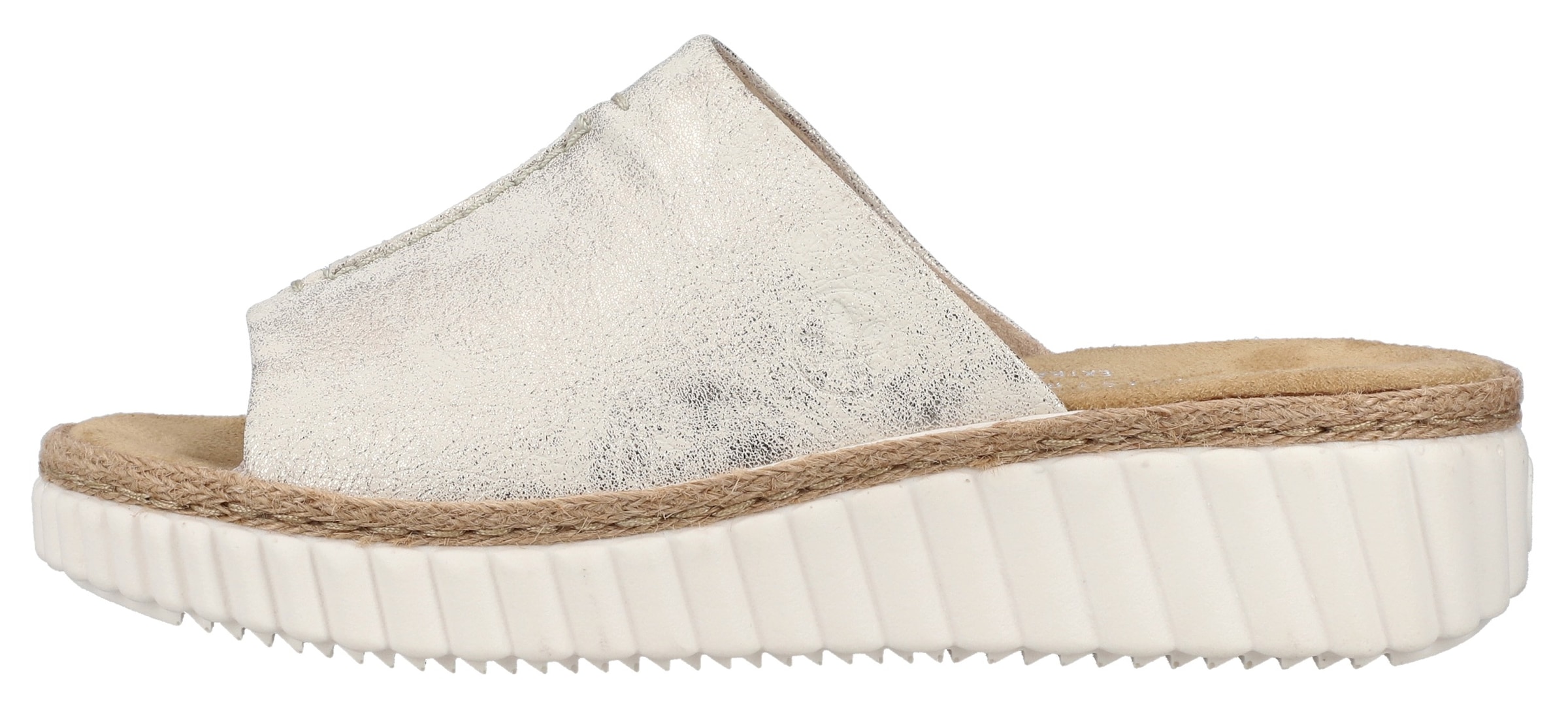 Rieker Pantolette  , Keilabsatz, Sommerschuh, Schlappen mit Juterahmen an der Laufsohle