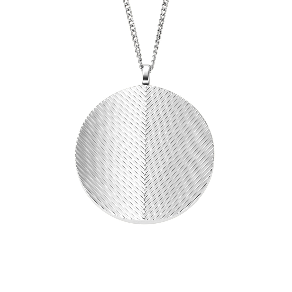 Collier FOSSIL acier inoxydable pendentif rond porte photo 40 cm