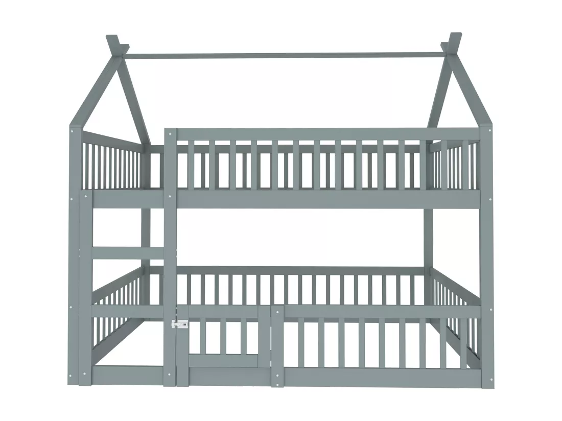 Lits superposés 2 x 140 x 200 cm avec porte et barrières - Bois MDF - Sommier à lattes - Gris