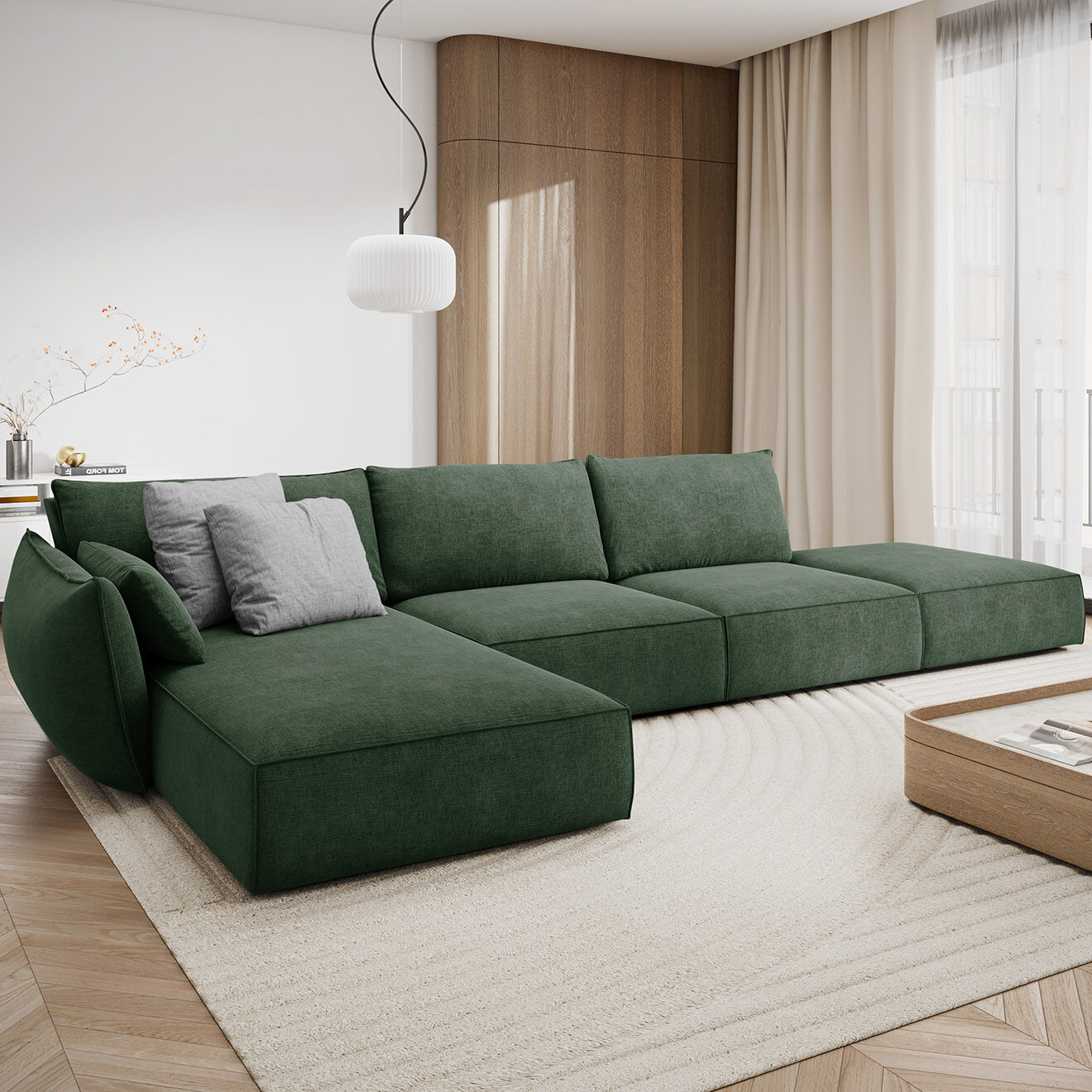 Mazzini Sofas Canapé D'Angle Gauche Vanda 5 Places 1 vert bouteille - 386x166x85 cm