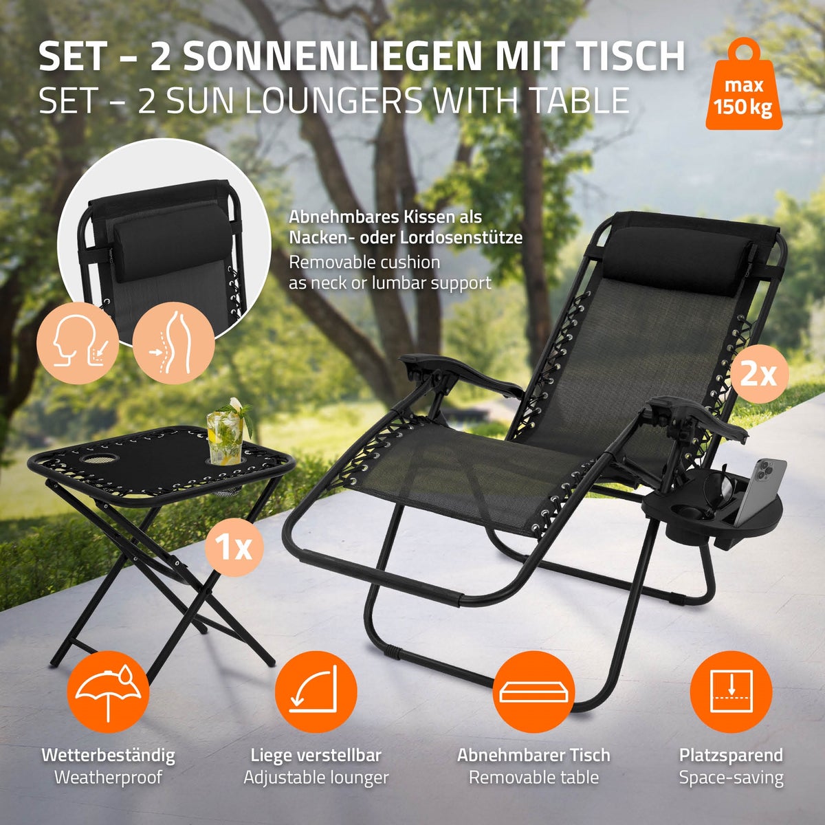 ML-Design 3-delige opvouwbare ligstoelset, tuinligstoelset met tafel, zwart, ligstoel met verstelbare hoofdsteun en rugleuning, weerbestendig/buiten, relaxstoel voor in de tuin met bekerhouder