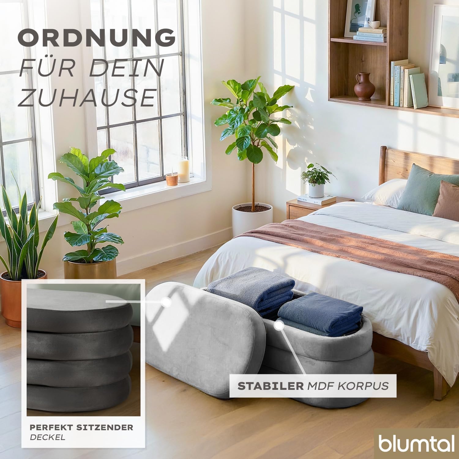 Blumtal Sitzbank mit Stauraum XL oval, Samt-Bezug - robuste Polsterbank mit Stauraum Samtoptik extra weich 110 x 45 x 42.5 cm - Schuhbank - wunderschöner Samt-Look - Ottoman Grau