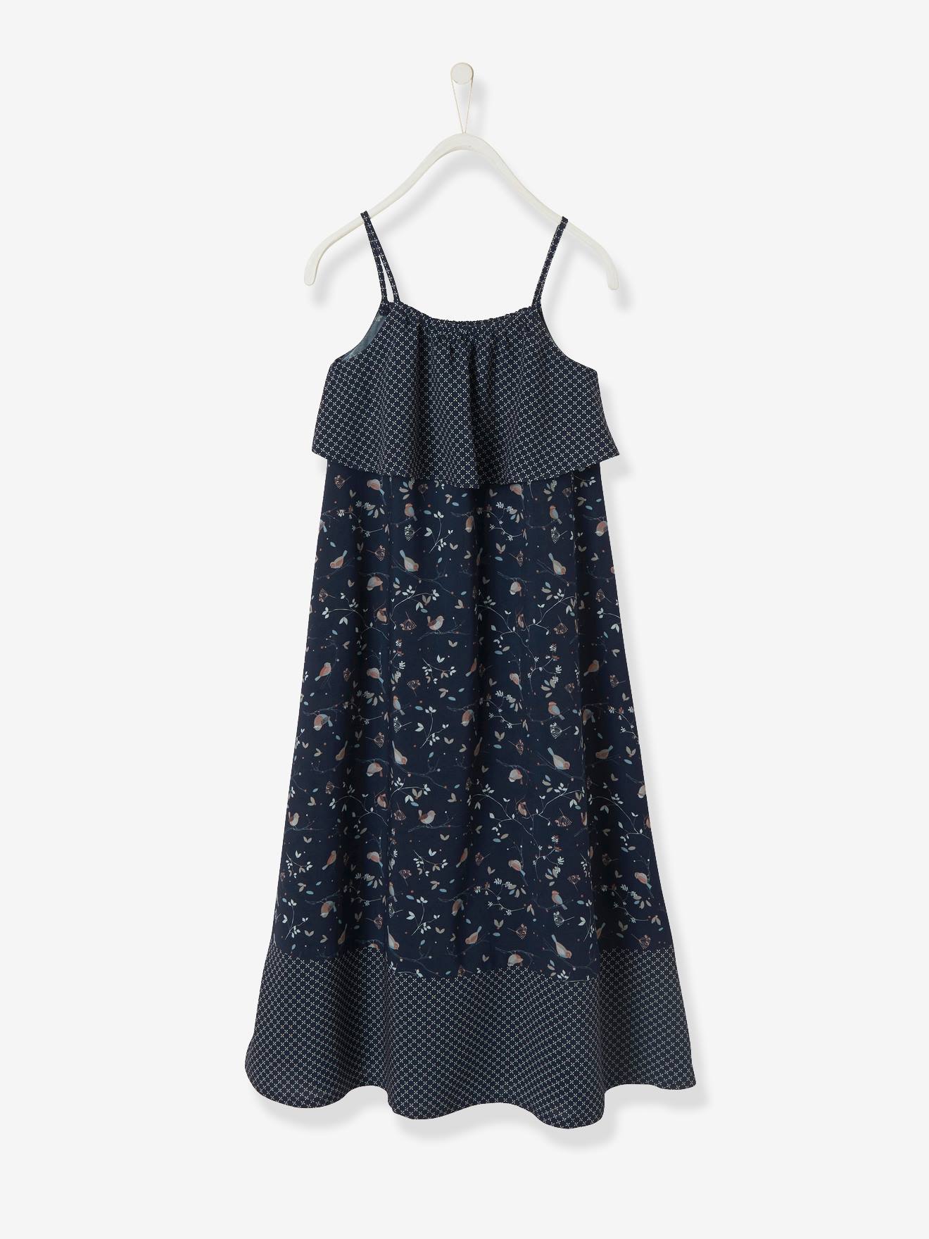 Vestido longo estampado com alças para meninas, estampa azul escura.