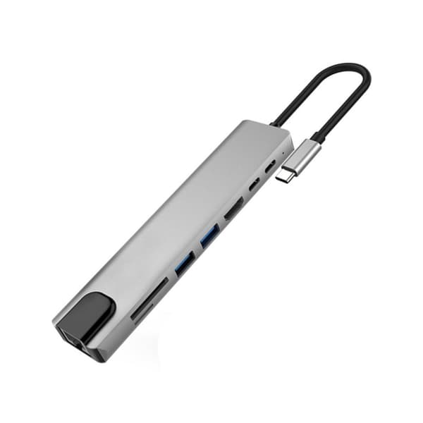 INF USB-C-hub med 8 uttak for USB, UBC PD, HDMI, RJ45, micro-SD Grå