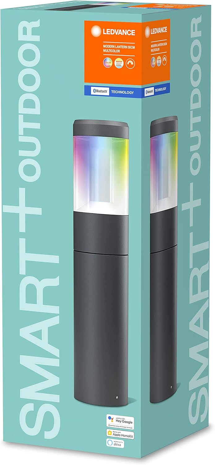 LEDVANCE Smarte LED Gartenpylone mit Bluetooth Mesh Technologie, 50cm Höhe, Lichtfarbe änderbar (2000-6500K), RGB-Farben änderbar , SMART+ MODERN LANTERN Bollard