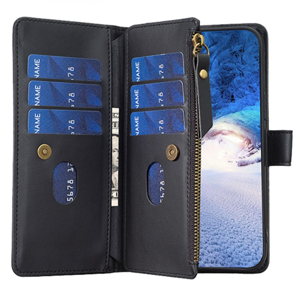 iPhone 15 Pro Max Leder Wallet Etui Tasche mit 9 Kartenfächern   Münzfach - Schwarz