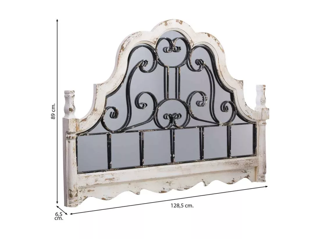Miroir mural en bois vieilli blanc et métal 128,5x6,5x89h cm