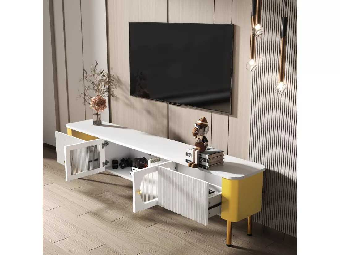 Meuble TV avec 2 portes et 2 tiroirs - 170 x 34 x 50 cm - Bois MDF - poignées et pieds dorés - Blanc