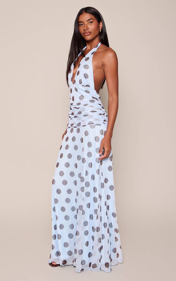 Bleu Robe Longue À Pois En Mousseline Avec Encolure Dos-nu