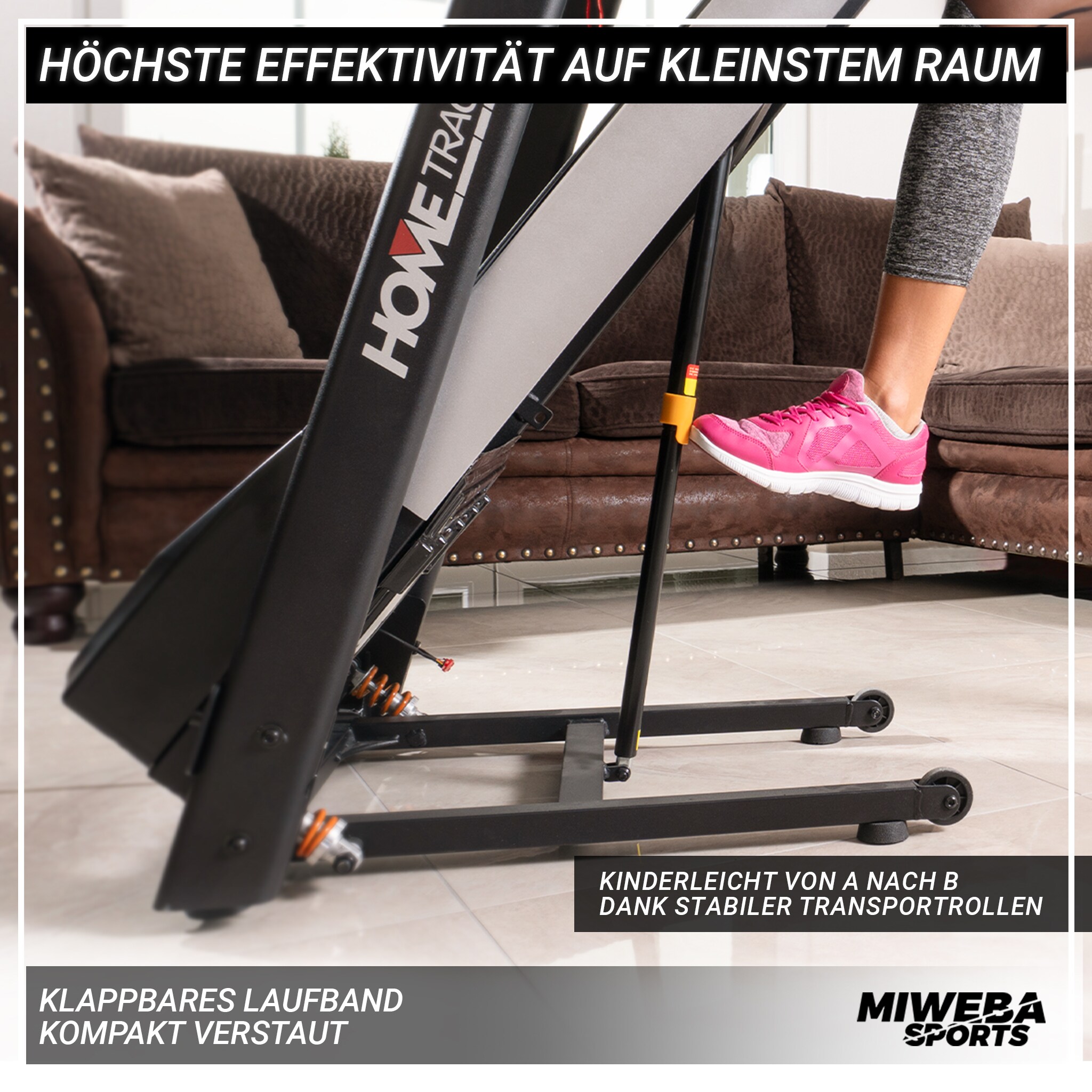 Miweba Sports Laufband Home Track HT1000F, klappbar, mit Steigung, 1-16km/h, Quick-Speed, Safety-Key (Schwarz)