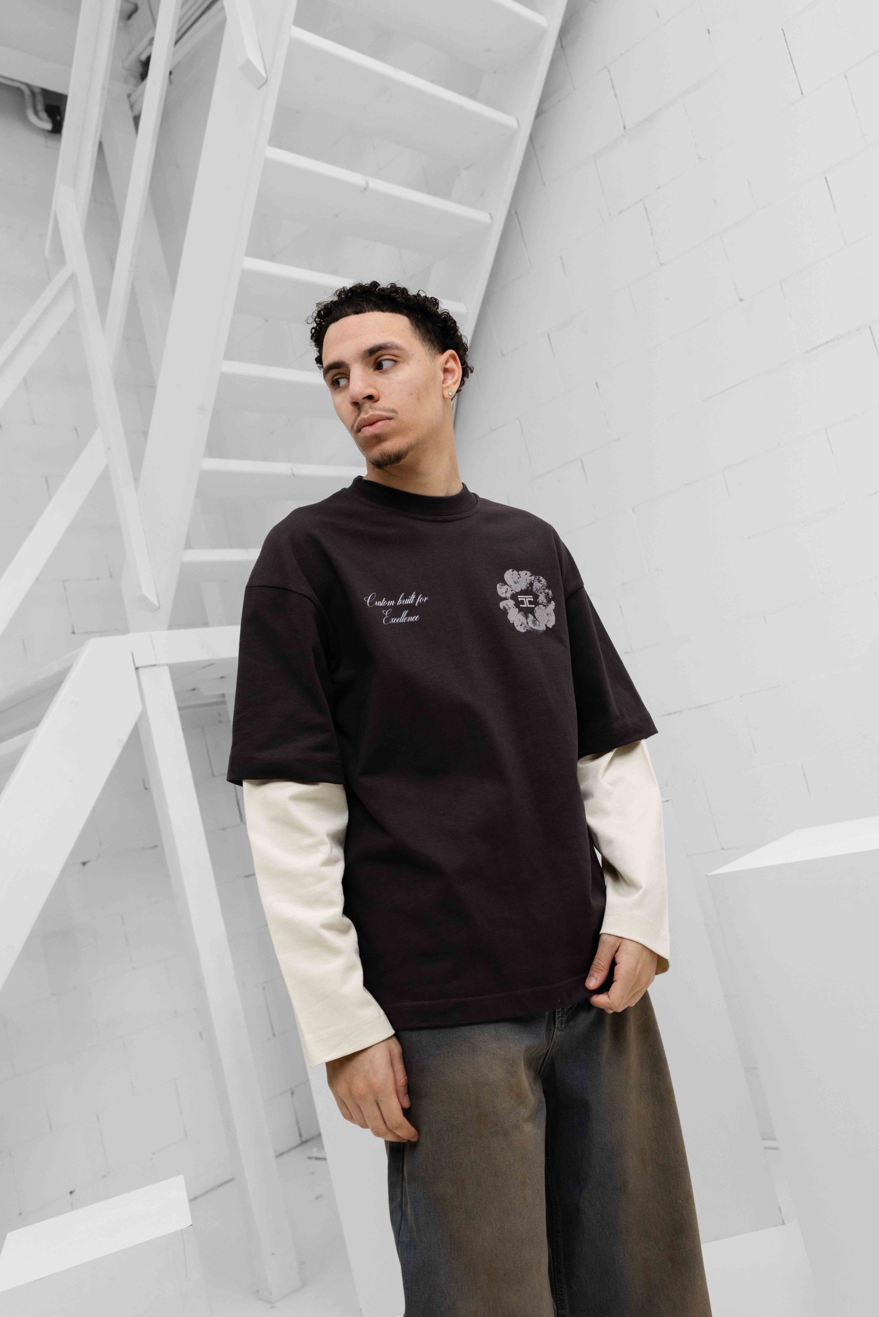 Jorcustom Flowers Double Layered Longsleeve T-Shirt Heren Bruin/Beige