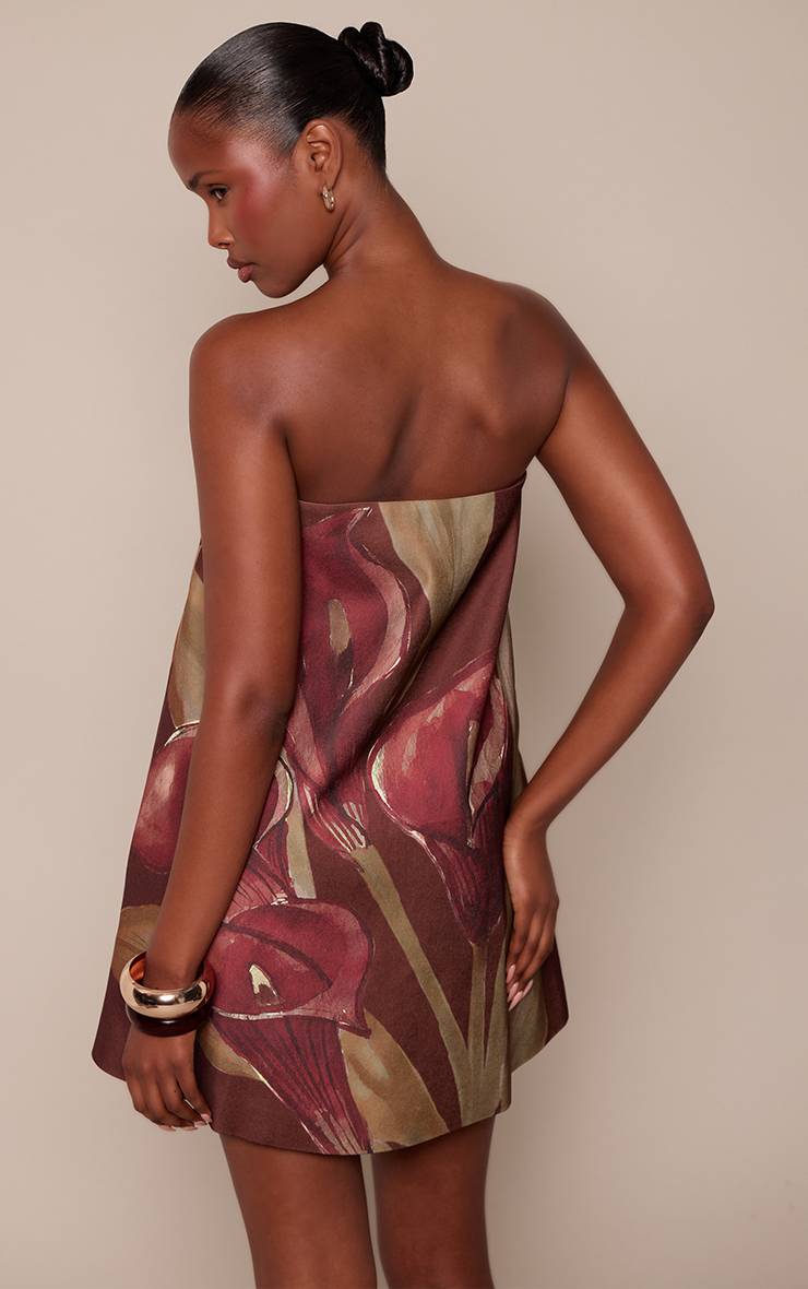 Marron Robe Trapèze Bustier À Imprimé Floral Sombre