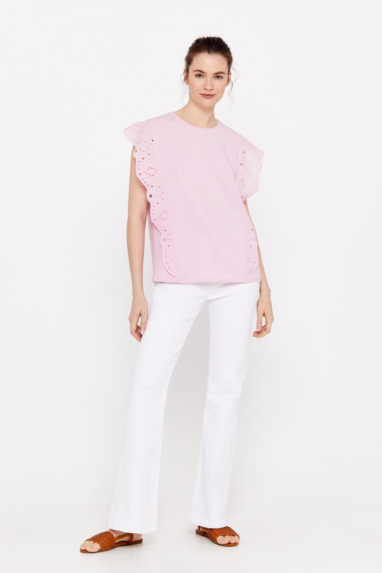 Camiseta combinada com bordado inglês - Lilás