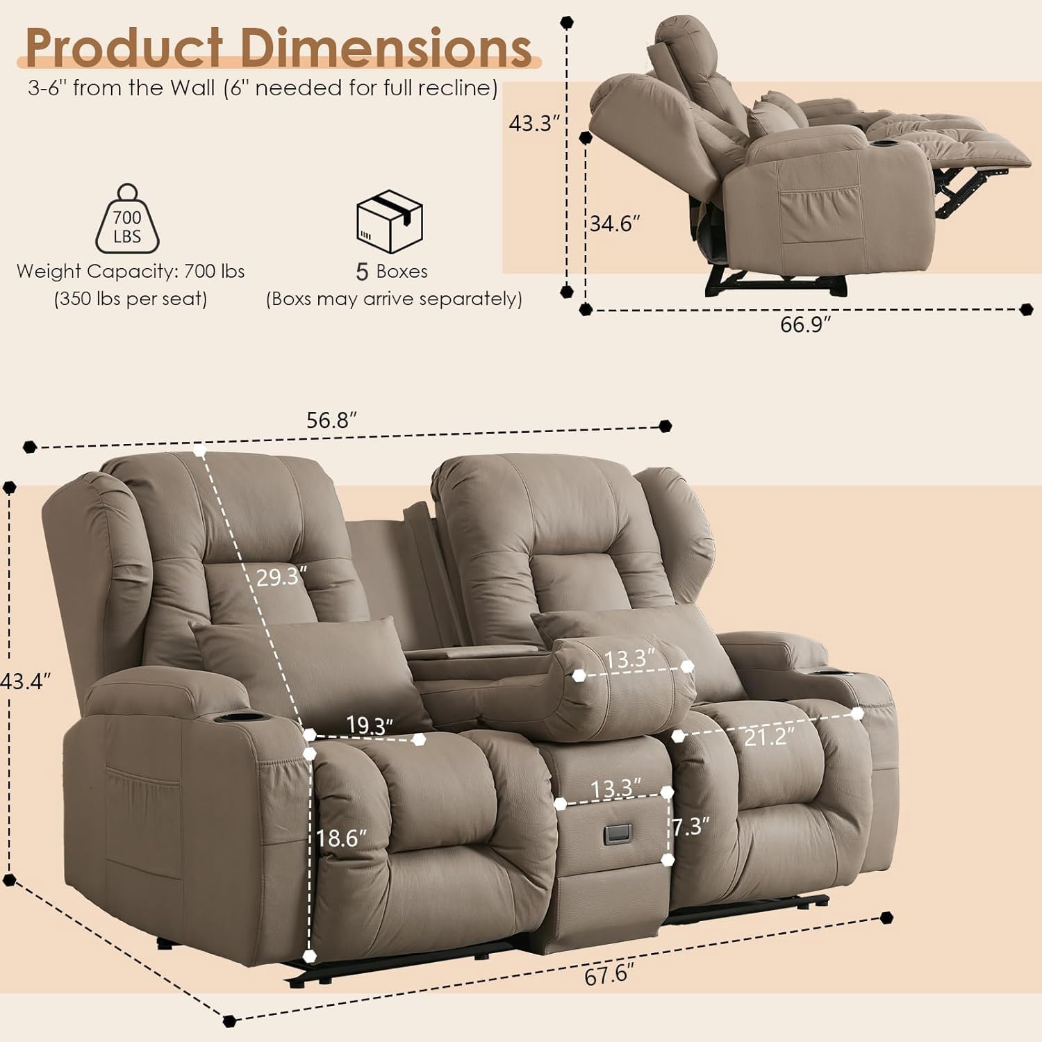 SAMERY Zweisitzer Relaxsessel mit Liegefunktion, 2er-Fernsehsessel Kinosessel 2 Sitzer TV Sessel Heimkino Sitze mit klappbare Mittelkonsole, 4 Getränkehalter (Khak, 172cm Zweisitzer)