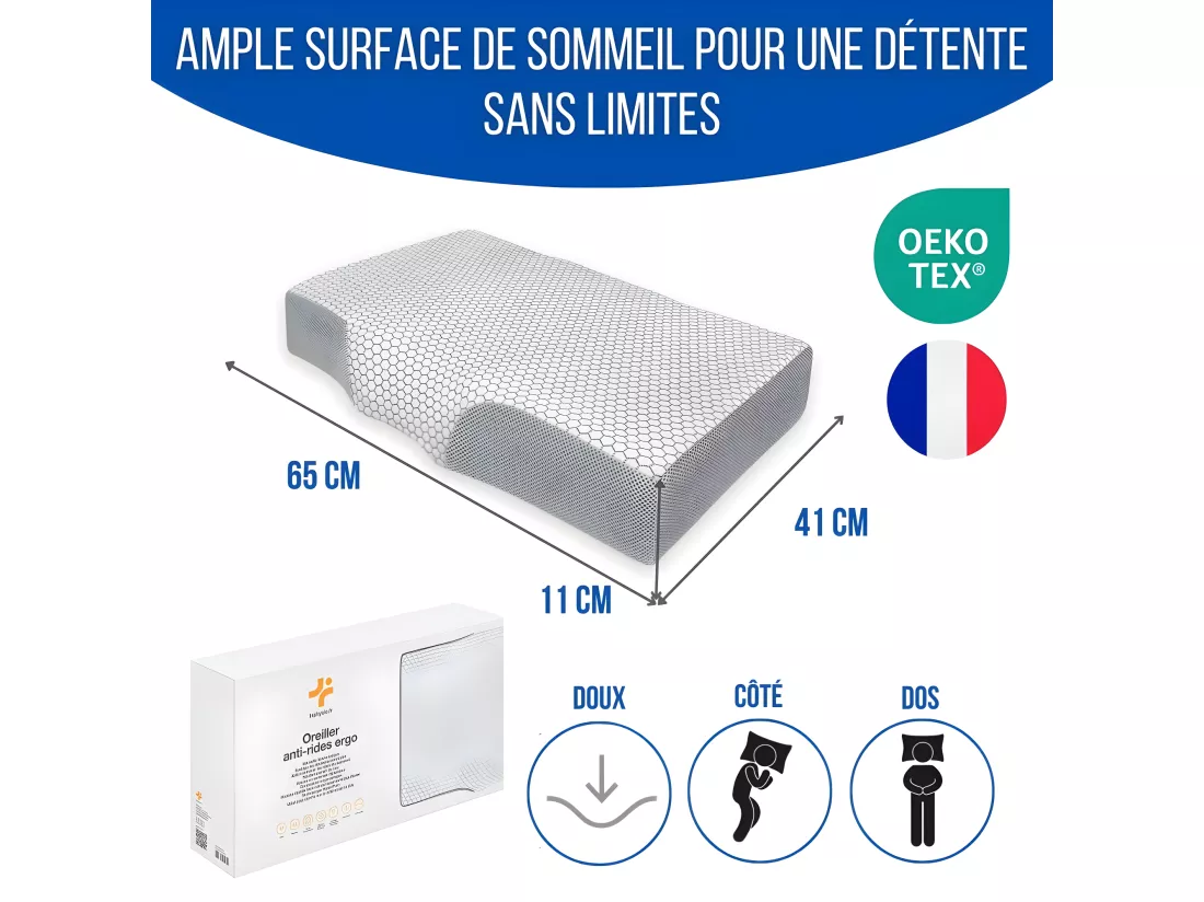 Oreiller Ergonomique Anti-Rides, Anti-Acouphène - Extra Grande - 65x42x10 - ERGO
