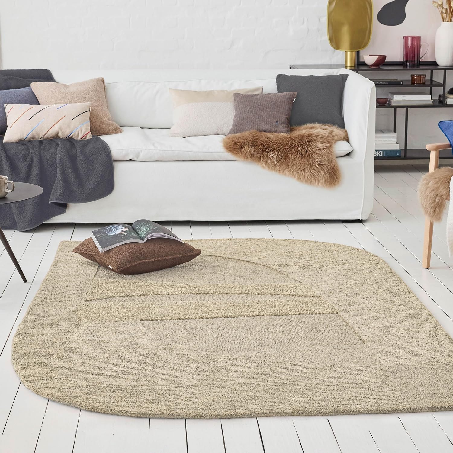 Wecon Home Kurzflorteppich Dodo – Handgetufteter Teppich aus Schurwolle – Asymmetrisch geformt – Oeko-TEX® Standard 100 & GoodWeave Zertifiziert – Natürlich, modern & markant (110 x 170 cm, beige)