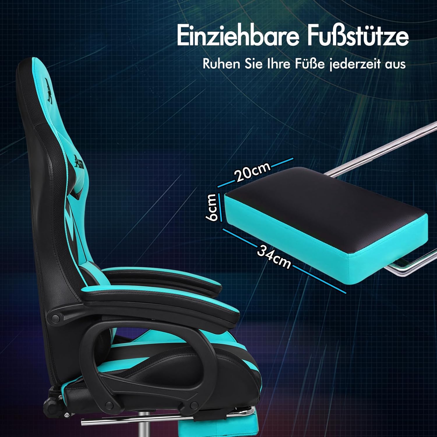 ALFORDSON Gaming Stuhl mit 8-Punkt Massage 12 Farben RGB LED-Licht, Bürostuhl Ergonomisch mit fußstützen, Kopfstütze Lendenkissen für Kinder Erwachsene, Cyan