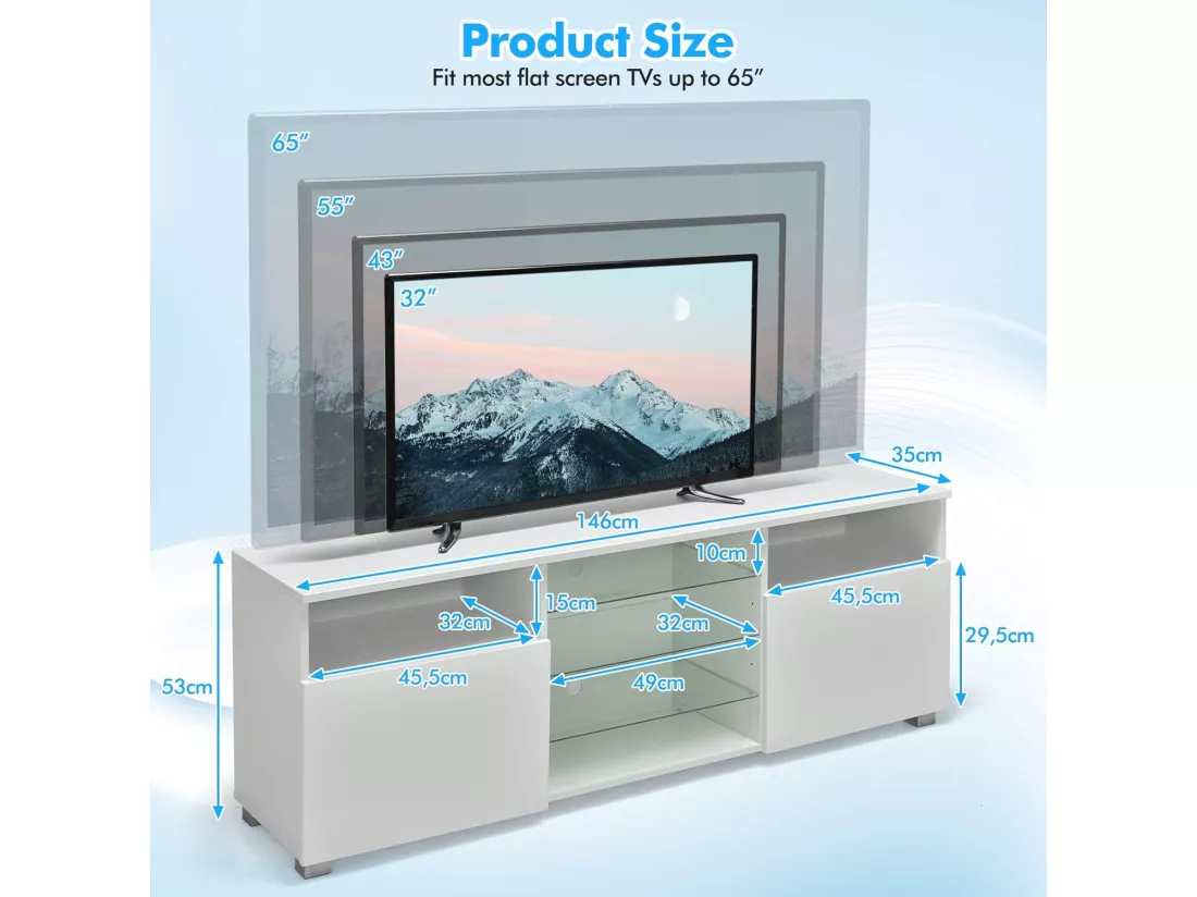 Meuble tv avec éclairage led 20 couleurs, 2 compartiments, meuble pour tv 60