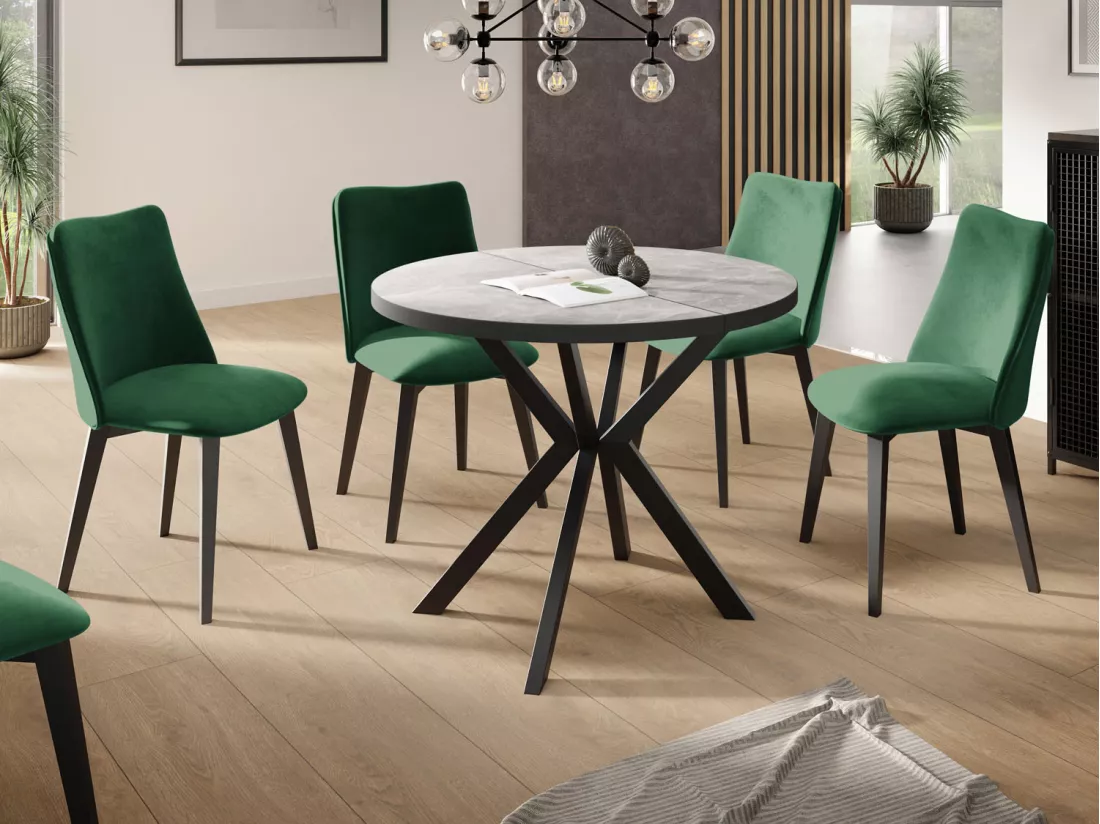 Table Ronde à Rallonges Pour La Salle à Manger - 120/196 Cm - Table Avec Pieds En Métal Noir - Compacte - Gris Béton