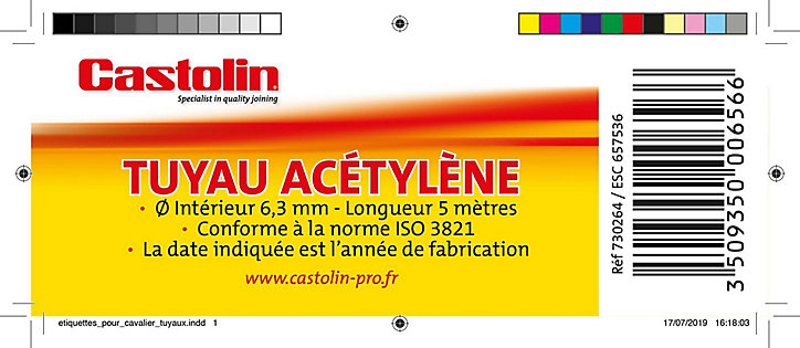 Tuyau acétylène diamètre intérieur Castolin Ø6,3, l. 5 m
