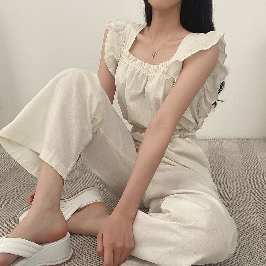 palajana - Mouwloze jumpsuit met ruches en effen motief