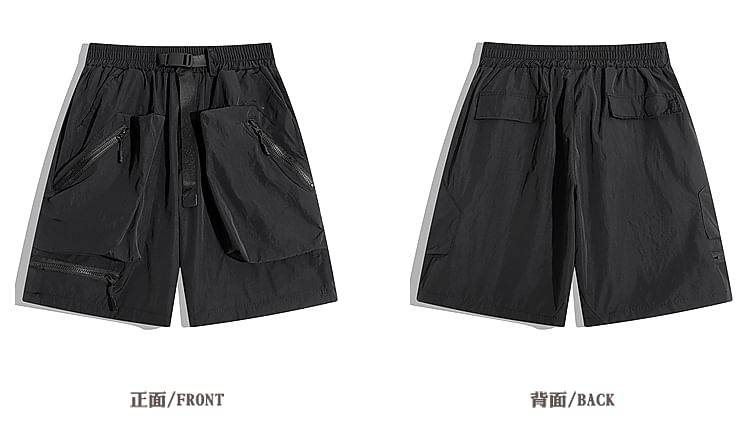purplelouve - Mid Rise Plain Buckled Cargo Shorts