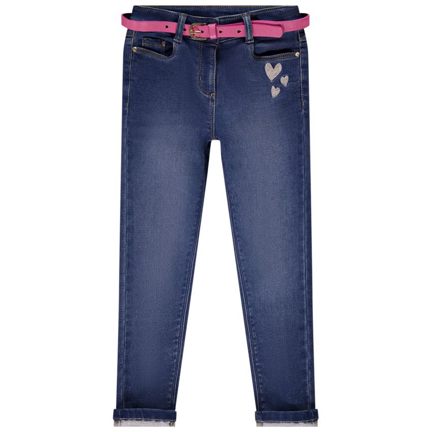 Jean slim brodé cœurs + ceinture amovible pour fille - Bleu moyen