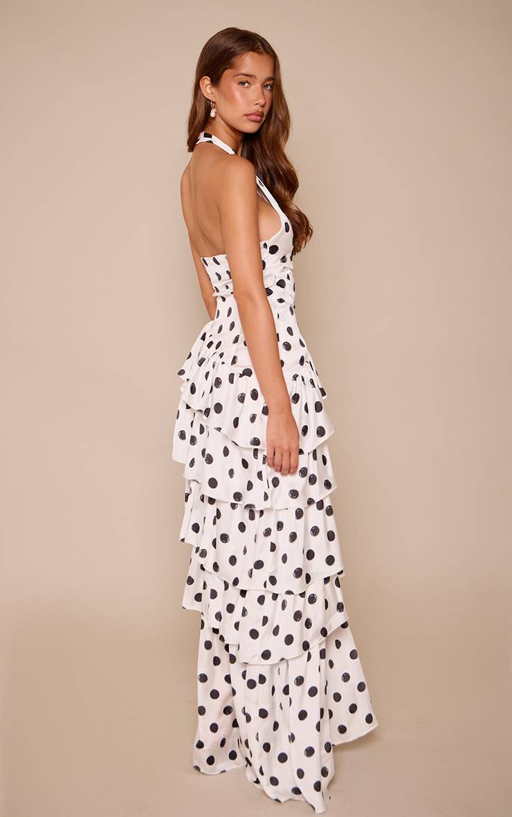 Monochrome Robe Longue Satinée À Pois Avec Dos Nu Et Volants Étagés