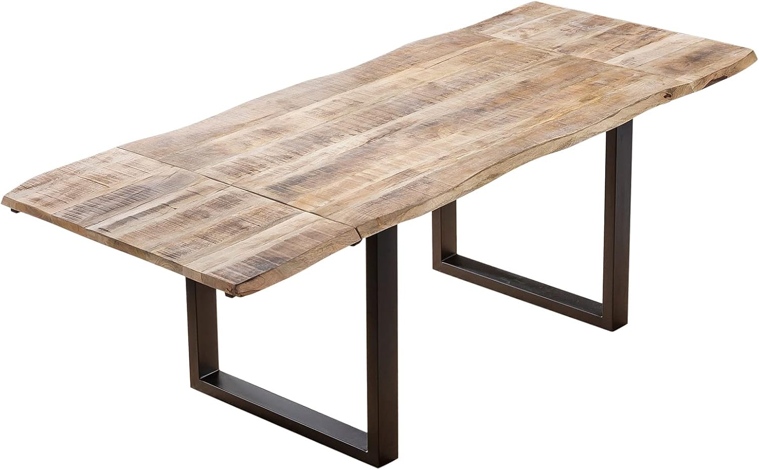 SAM Baumkantentisch 200 (300) x 100 cm Noar, Mangoholz massiv, lackiert & naturfarben, Esstisch mit U-Metallgestell in Mattschwarz, echte Baumkante, inkl. 2 Ansteckplatten